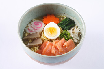 Salmon shoyu ramen isolated on white background, Raw slided salm