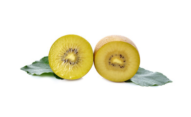 sliced golden kiwi fruit on white background