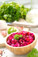 Beet Salad Vinaigrette in wooden bowl