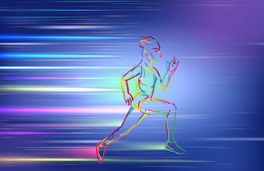 Man running, using colorful zigzag line on blue background