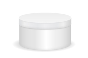 Closed gift box. White round box.