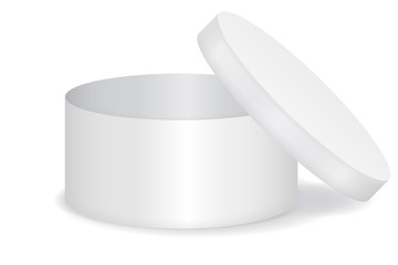Open gift box. White round box. 