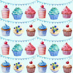 Seamless pattern. Watercolor cupcakes, muffins and festive flags. Colorful illustration of baking. 