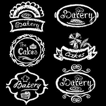Set of vintage hand drawing chalk style bakery logo badges and l