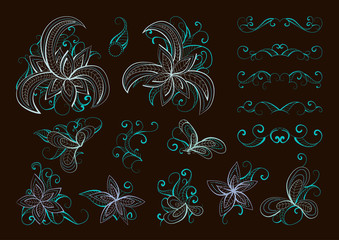 Set of vector floral elements and objects for design