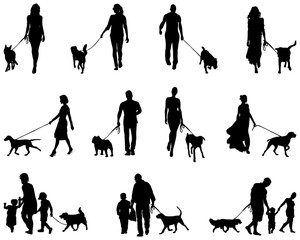 Black silhouettes of people with dog, vector