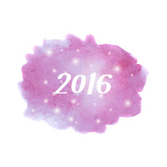Happy New Year 2016 greeting card. Bright blue and pink gradient spot. Abstract stylish watercolor background.