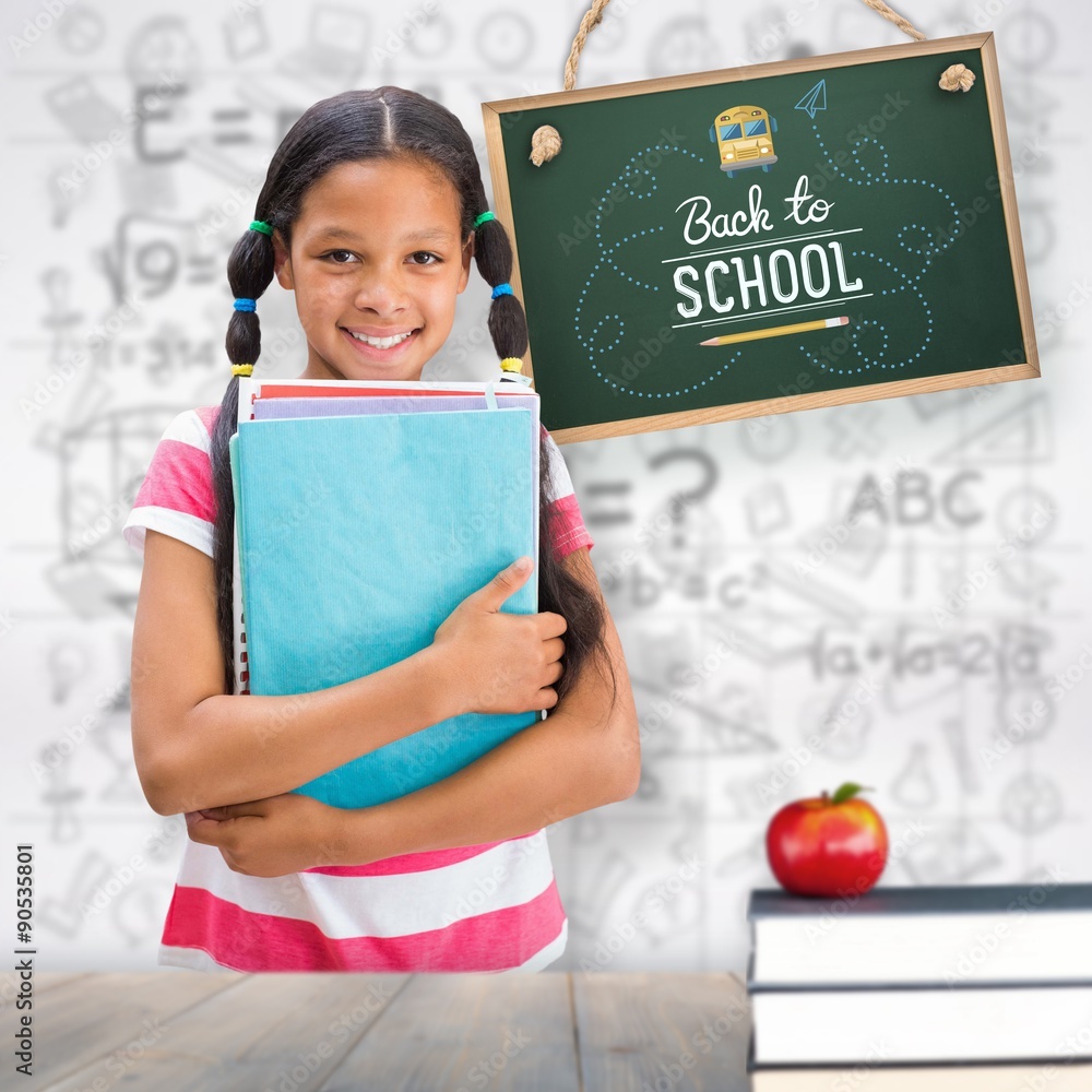 Poster composite image of cute pupil smiling at camera in library