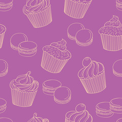 Delicious cupcakes with macaroons on purple background, seamless