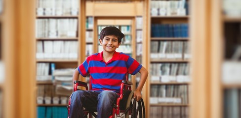Composite image of boy sitting in wheelchair in school corridor © vectorfusionart