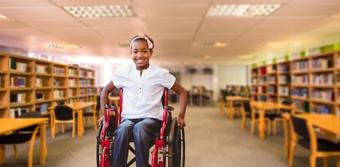 Composite image of girl sitting in wheelchair in school corridor - Powered by Adobe