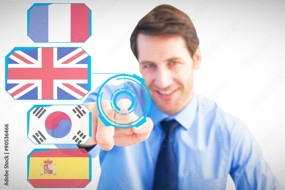 Poster composite image of friendly businessman pointing at the camera