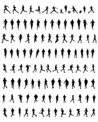 Big set of black silhouettes of runners, vector
