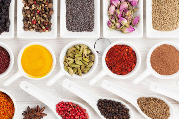 Various spices on white wooden background