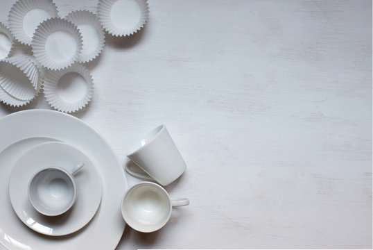 White ceramic cups and plates