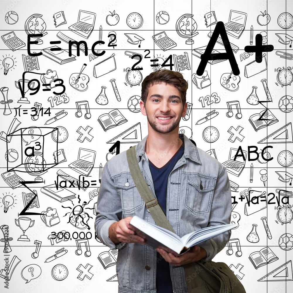 Poster composite image of student smiling at camera in library