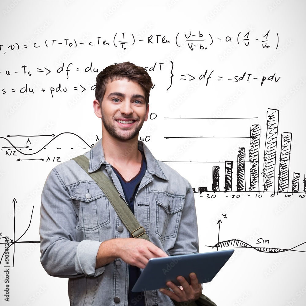 Poster composite image of student using tablet in library
