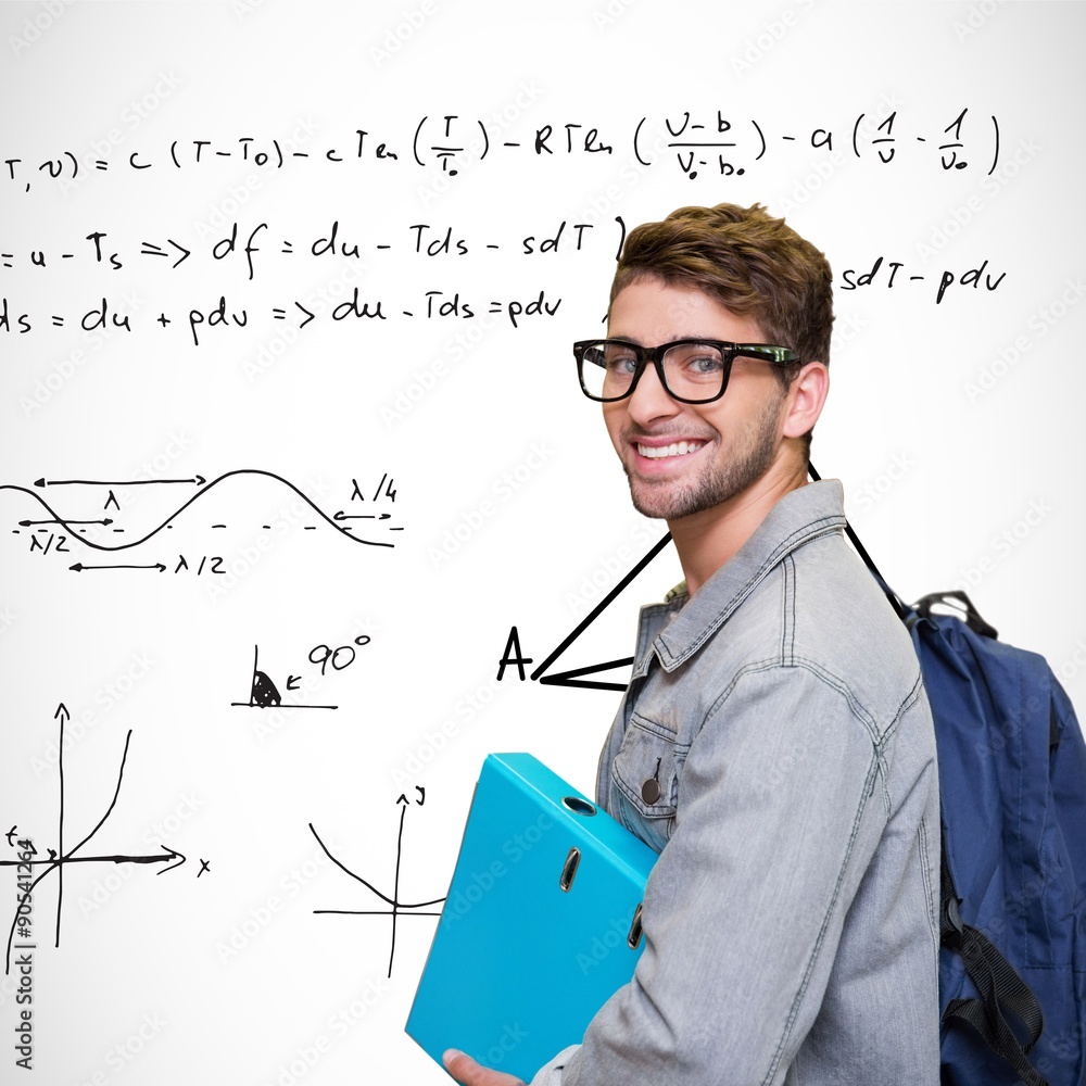 Poster composite image of student smiling at camera in library