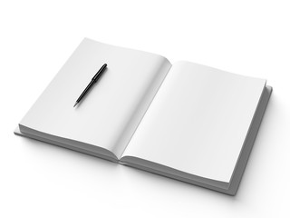Black pen on white open book, on white background.