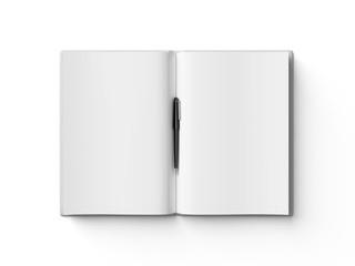 Black pen on white open book, on white background.