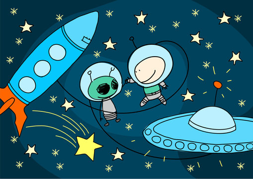 Child's drawing of an alien and astronaut greeting each other