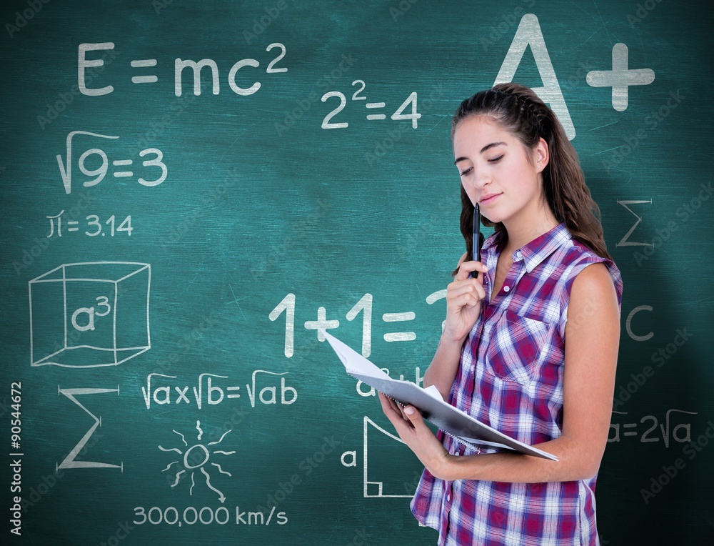 Poster composite image of pretty brunette looking at notebook