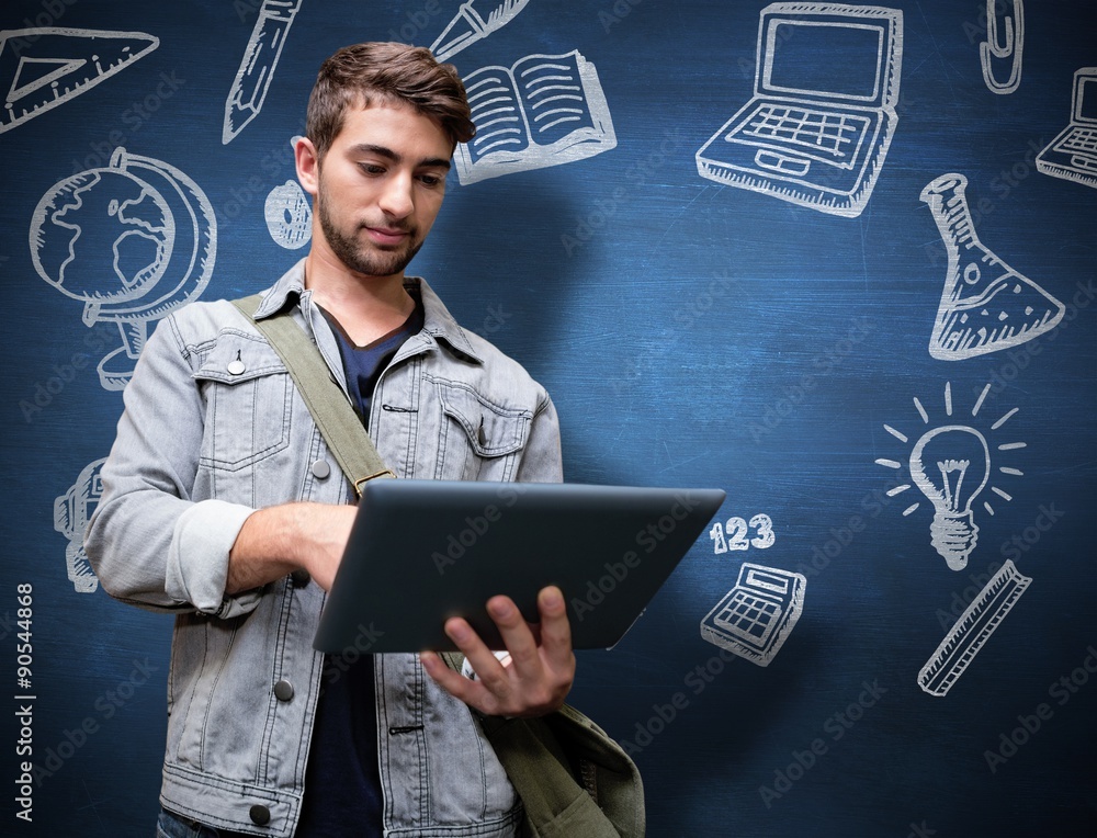 Poster composite image of student using tablet in library