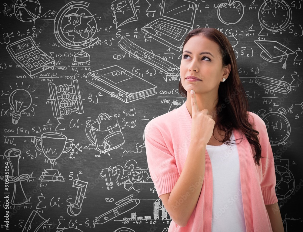 Poster composite image of pretty brunette smiling and thinking
