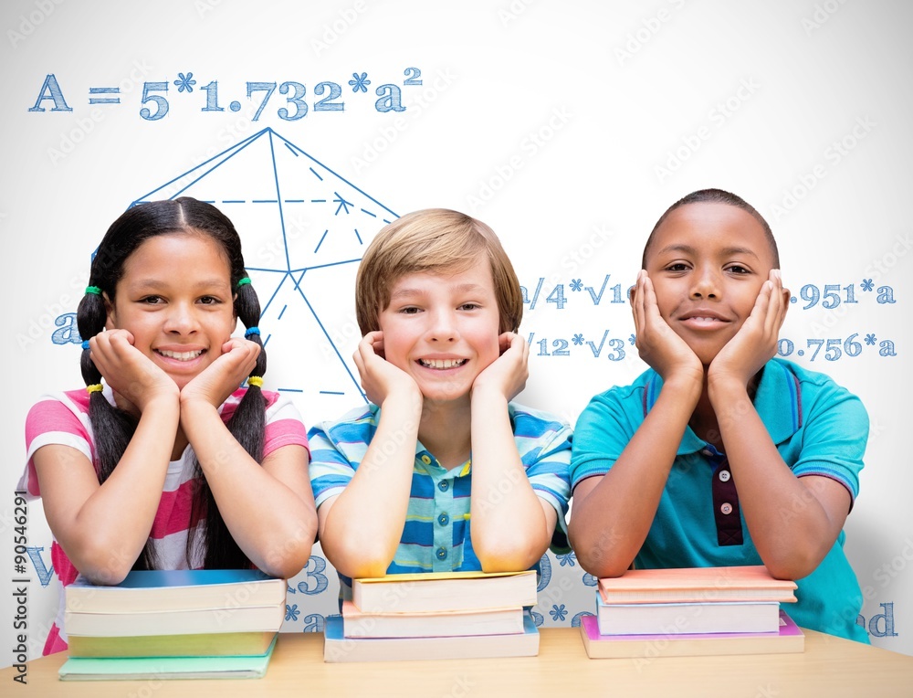 Poster composite image of cute pupils looking at camera in library