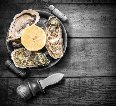 Raw oysters on the old wooden table.