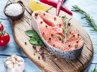 Fresh salmon on the cutting board.