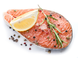 Salmon steak on white background.