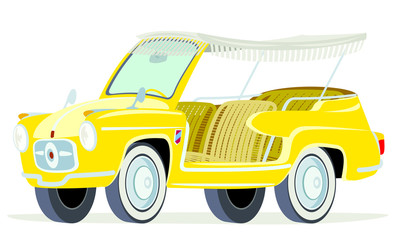 Caricatura Fiat  600  Jolly amarillo vista frontal y lateral