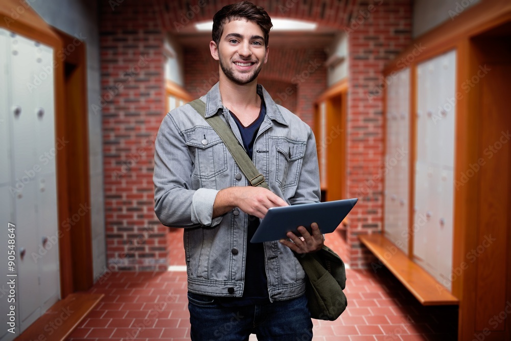 Poster composite image of student using tablet in library