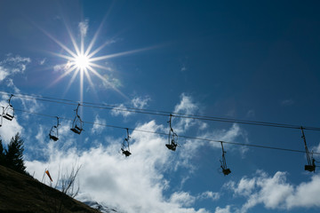 silhouette lifts over the sun and blue sky
