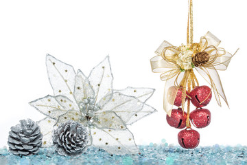 Luxury red jingle Bells, flower and Pine Cone with Snow