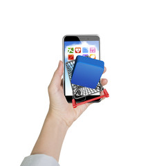 Woman hand holding smartphone with shopping cart of app button