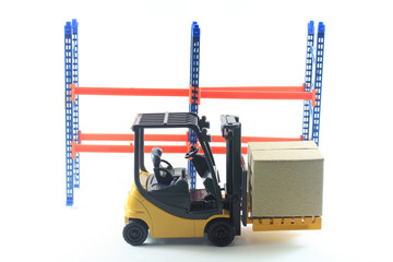 Accident of Electrical forklift and rack isolated on a white bac