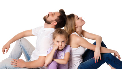 The tired family sitting on white background