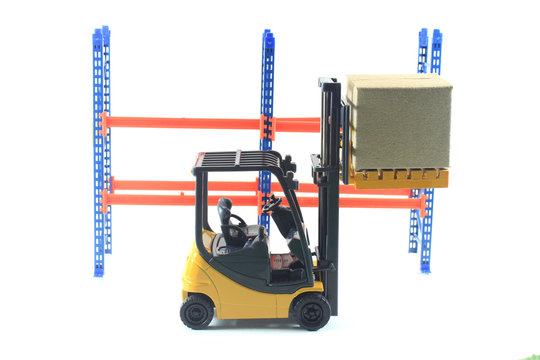 Accident of Electrical forklift and rack isolated on a white bac