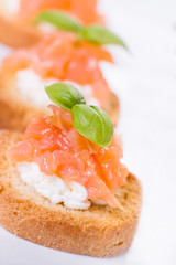 Close up on canapes with smoked salmon and cottage cheese.