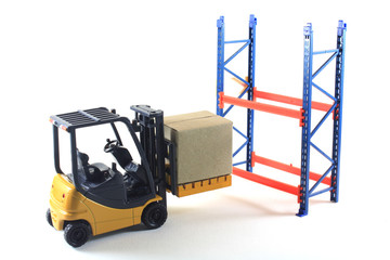 Accident of Electrical forklift and rack isolated on a white bac