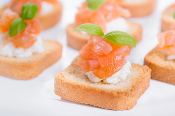 Canapes with smoked salmon and cottage cheese.