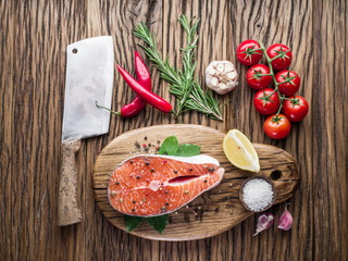 Fresh salmon on the cutting board.