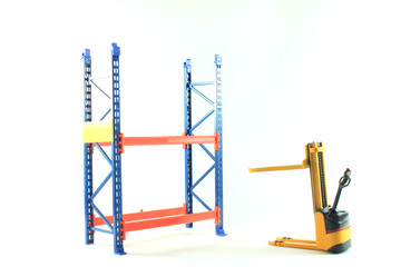 Accident of Electrical forklift and rack isolated on a white bac