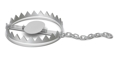 Bear trap with chain on white, close-up view - obrazy, fototapety, plakaty