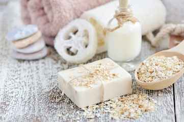 Fototapeta na wymiar Handmade soap with oatmeal and milk