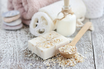 Fototapeta na wymiar Handmade soap with oatmeal and milk
