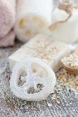 Obraz na płótnie Canvas Loofah and soap oatmeal handmade for a Natural Clean