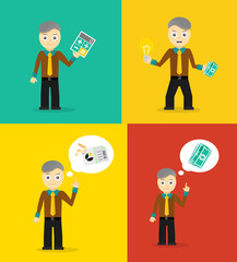 Set of cute cartoon young businessmen. Idea concept and finance